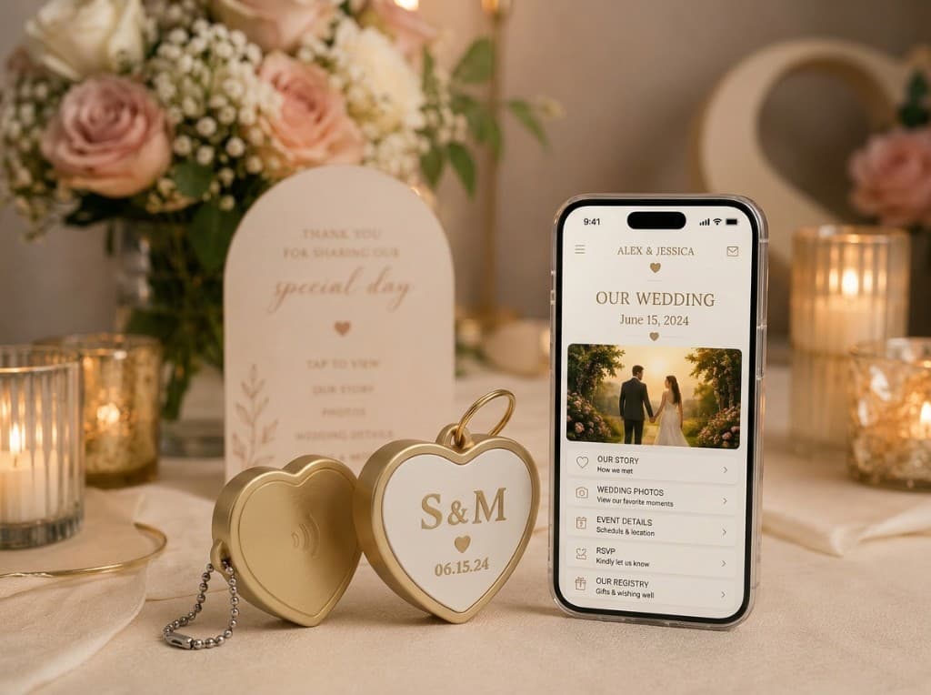 Heart-shaped NFC keepsakes beside a phone showing a wedding story, photos, and RSVP
