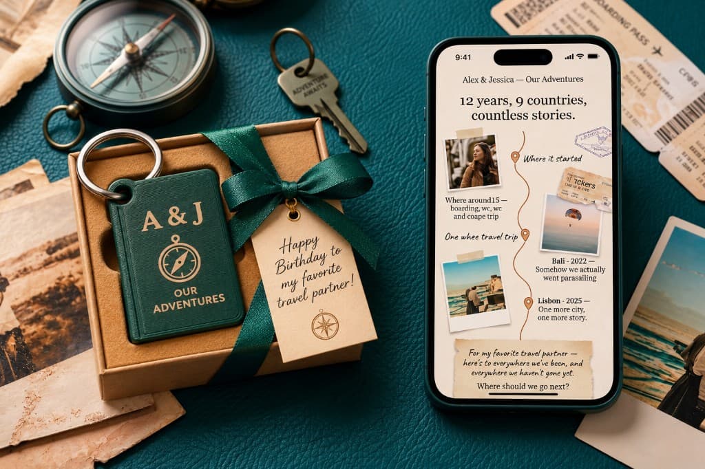 Book-shaped NFC keepsake gift beside a phone showing an Our Adventures memory timeline