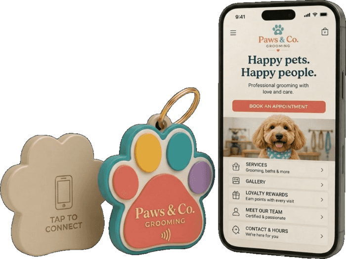 Paw-shaped NFC keepsakes for Paws & Co. Grooming next to a phone showing their booking page