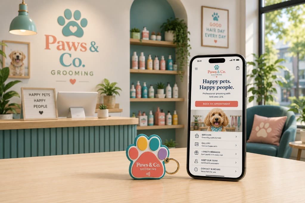 Branded paw-shaped keepsake beside a pet grooming business page